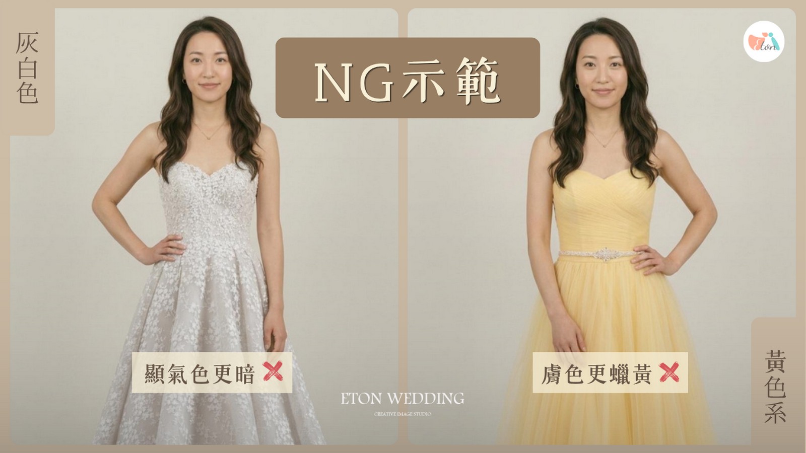 偏黃肌NG示範,灰調白冷白會讓氣色更暗,過黃色系會讓膚色更蠟黃
